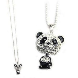 Movable, dancing panda pendant necklace with rhinestones.